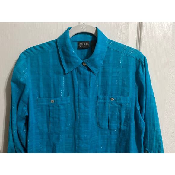 Additions by Chico Sz 1 Teal Woven Silver Threads Adjustable Long Sleeve Blouse - Picture 3 of 13